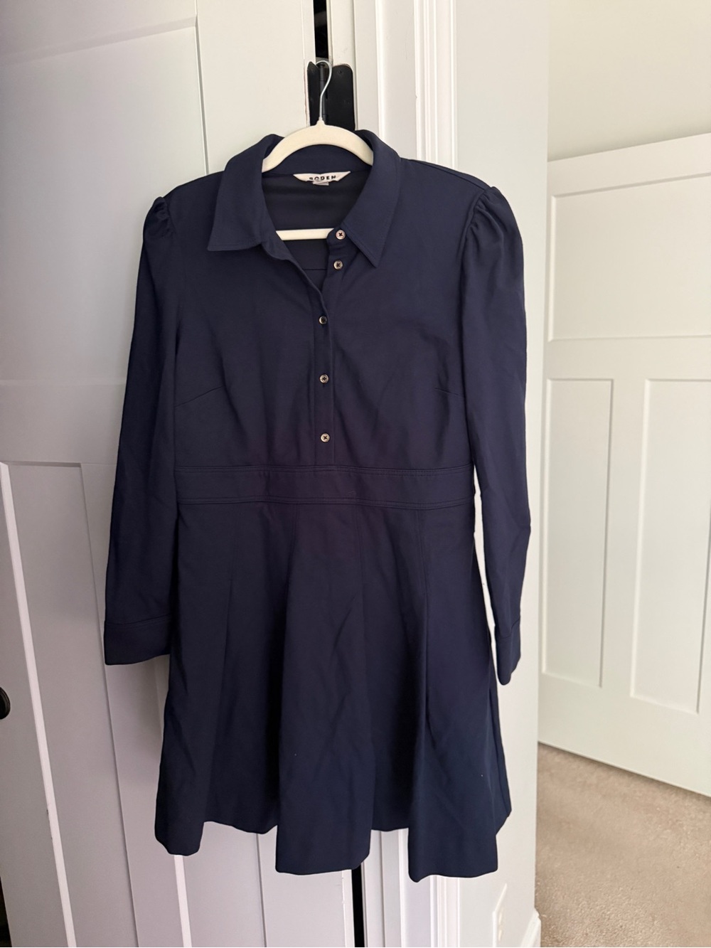 Boden navy blue long sleeve catrin ponte fit flare collar button
